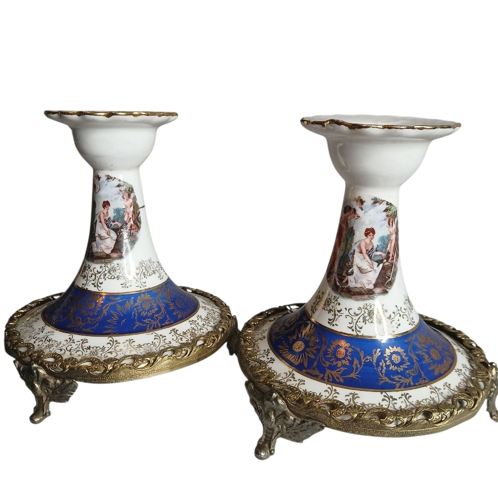 La Chateau French Faience  2 Candlestick Holders Hand Painted Porcelain Gilt